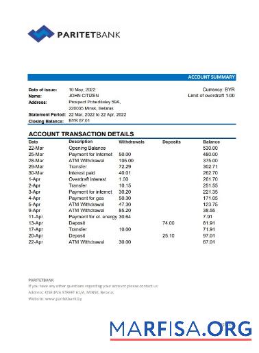 Realistic Belarus Paritet bank statement excel template